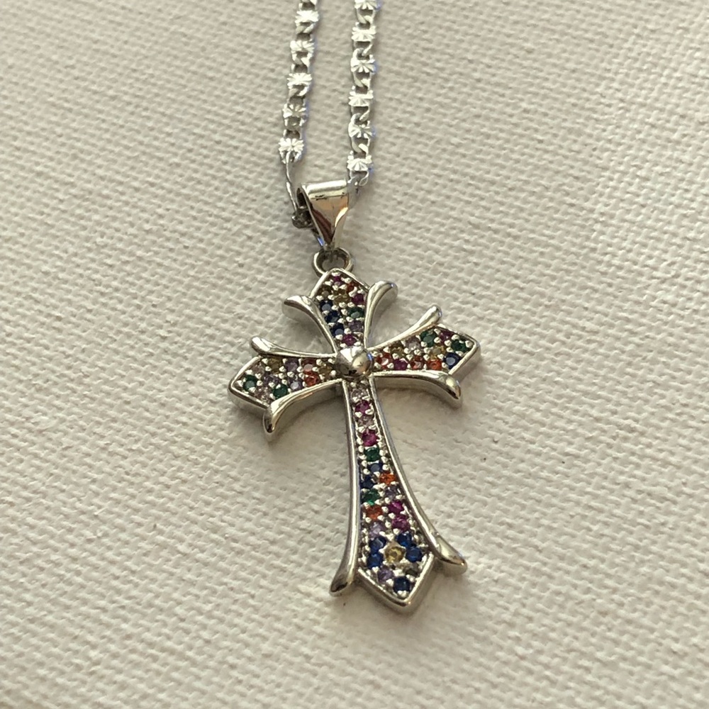 18KGP Stamped Necklace w/ Multicolor Pavé Cross Pendant